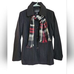 LONDON FOG Women's Single-Breasted Wool Peacoat with Scarf Small Black Jacket‎